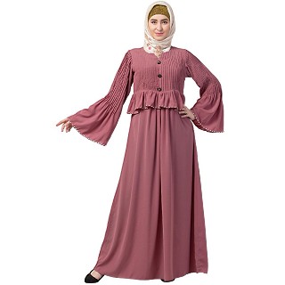 Designer Pintuck abaya with pearl work- Puce Pink